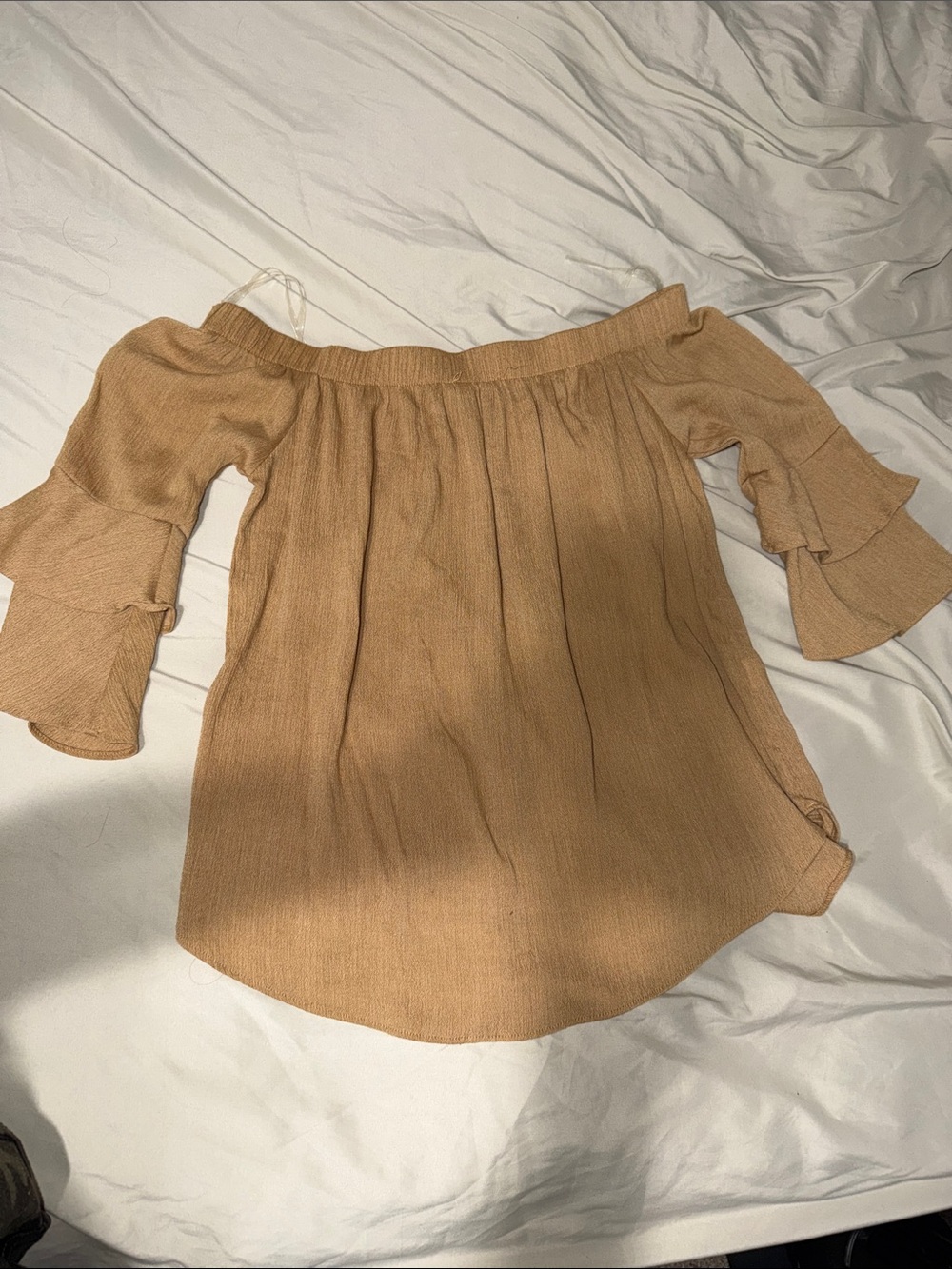 Moa Moa Camel Off-Shoulder Ruffle Sleeve Blouse